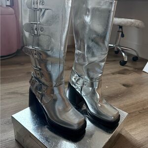 Futuristic Silver Heeled Boots with Platform